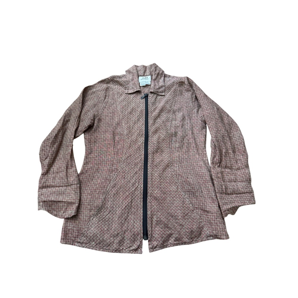 Flax by Jeanne Engelhart Linen Full Zip Jacket Basketweave Red Tan Small